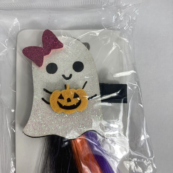 Halloween Hair Barrette Bang Clip Ghost Faux Hair Black Orange Purple Stripe Bow - Picture 2 of 4